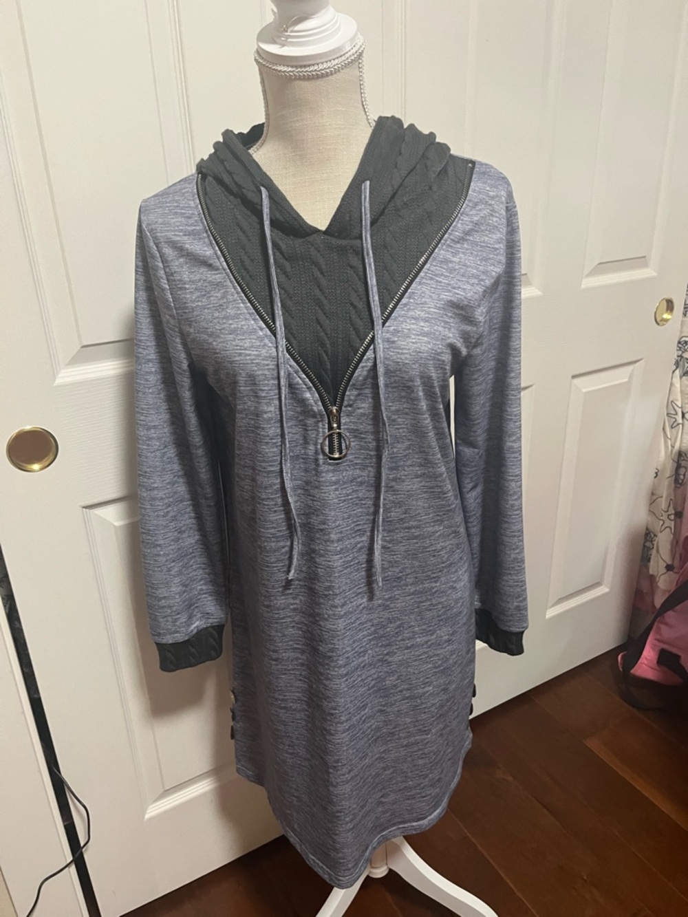 Blue Tunic Hoodie Lightweight Dress with Dark Gray Accent & Zipper